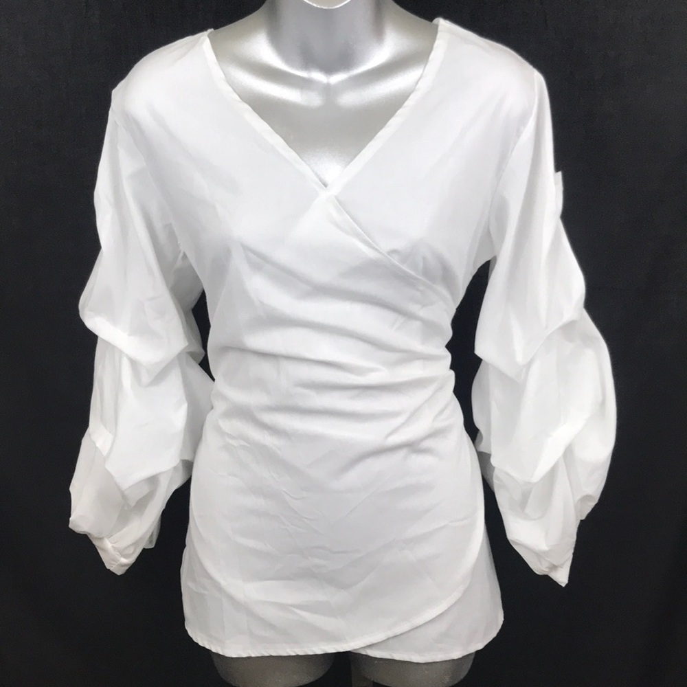 HIGHNESS White Tie Back Mock Wrap Blouse